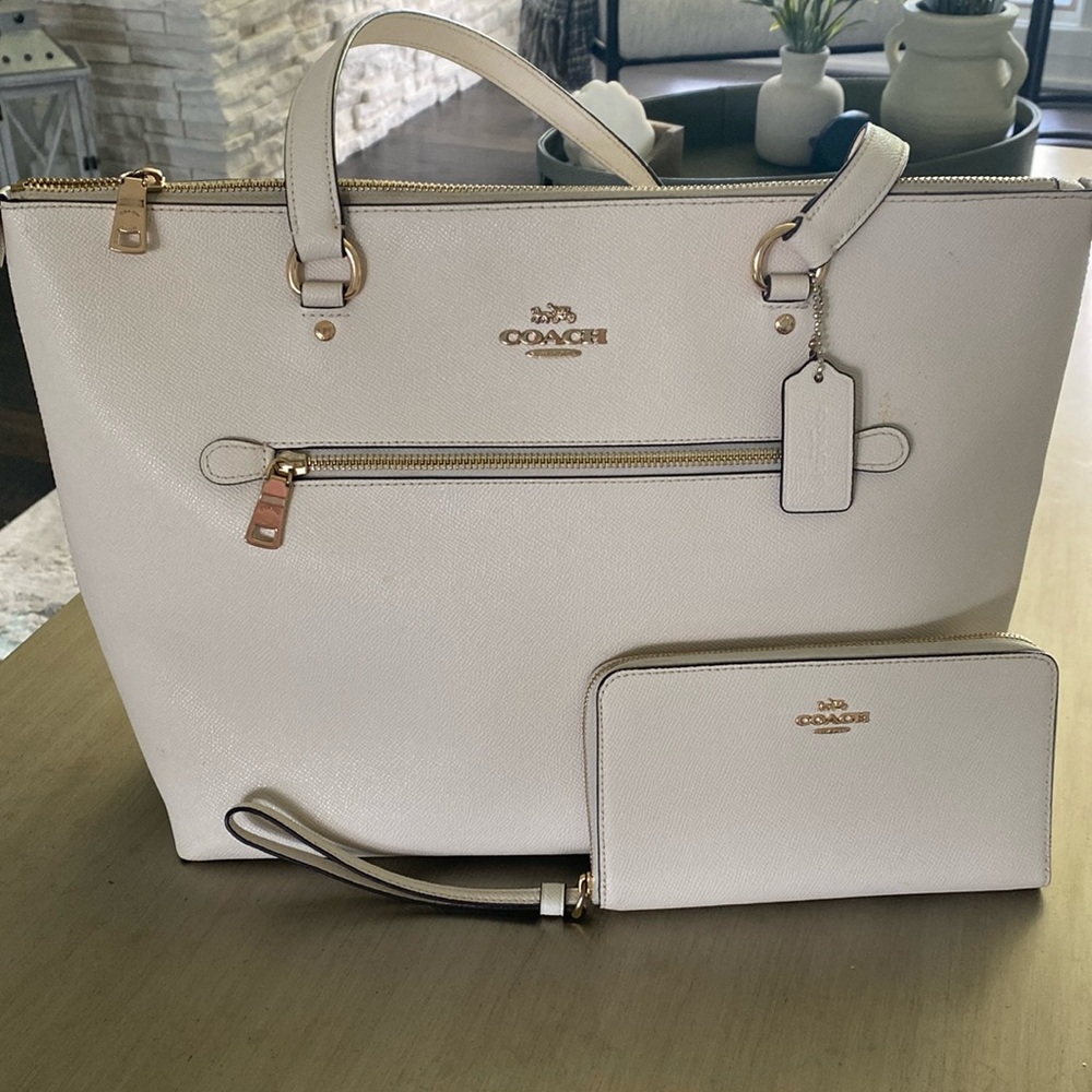 Coach handbag in chalk with matching wallet.